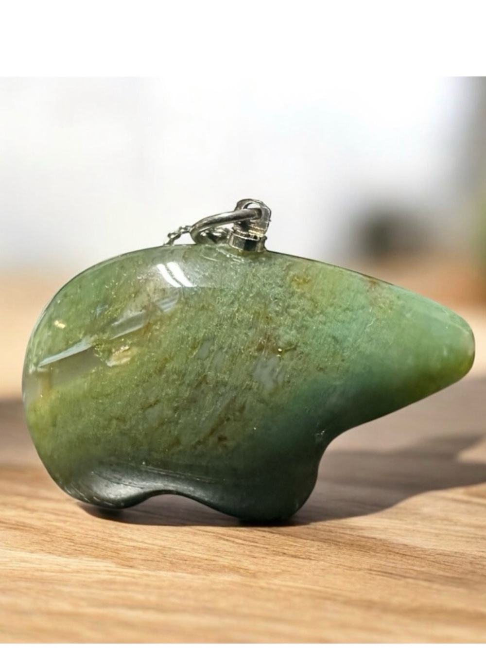 Carved Bear Pendant Stone Fetish Polished Jadeite 18KA GP Chain Green Blue